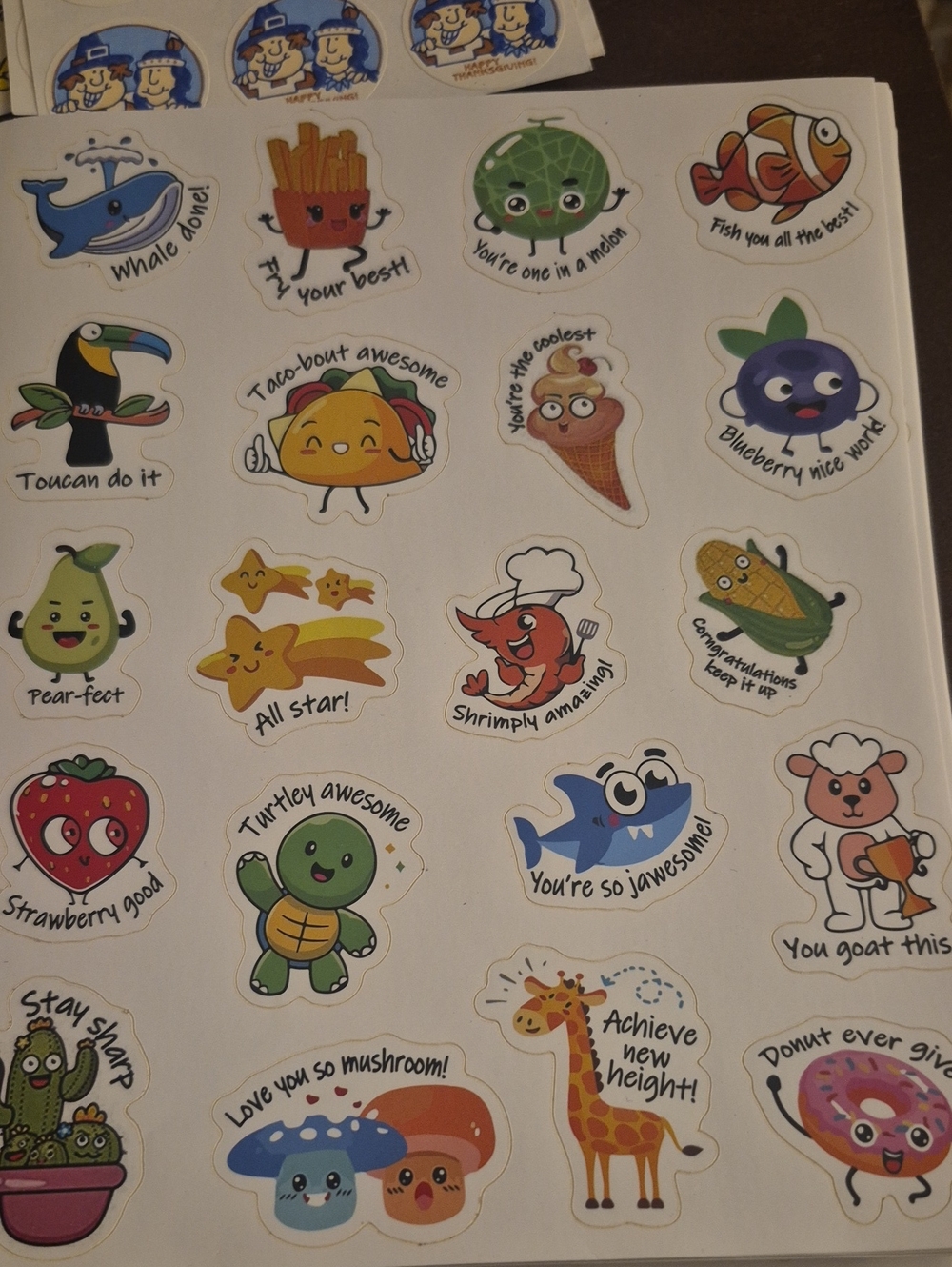 Cute Assorted Kids Sticker Sheet - Fun Food & Animal Characters (Multicolor)
